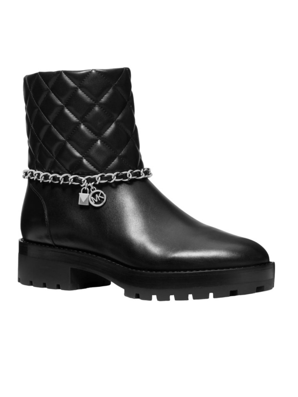 Brand New!! Michael Kors Black Quilted Leather Mid Bootie w/Silver Chain Size 8M